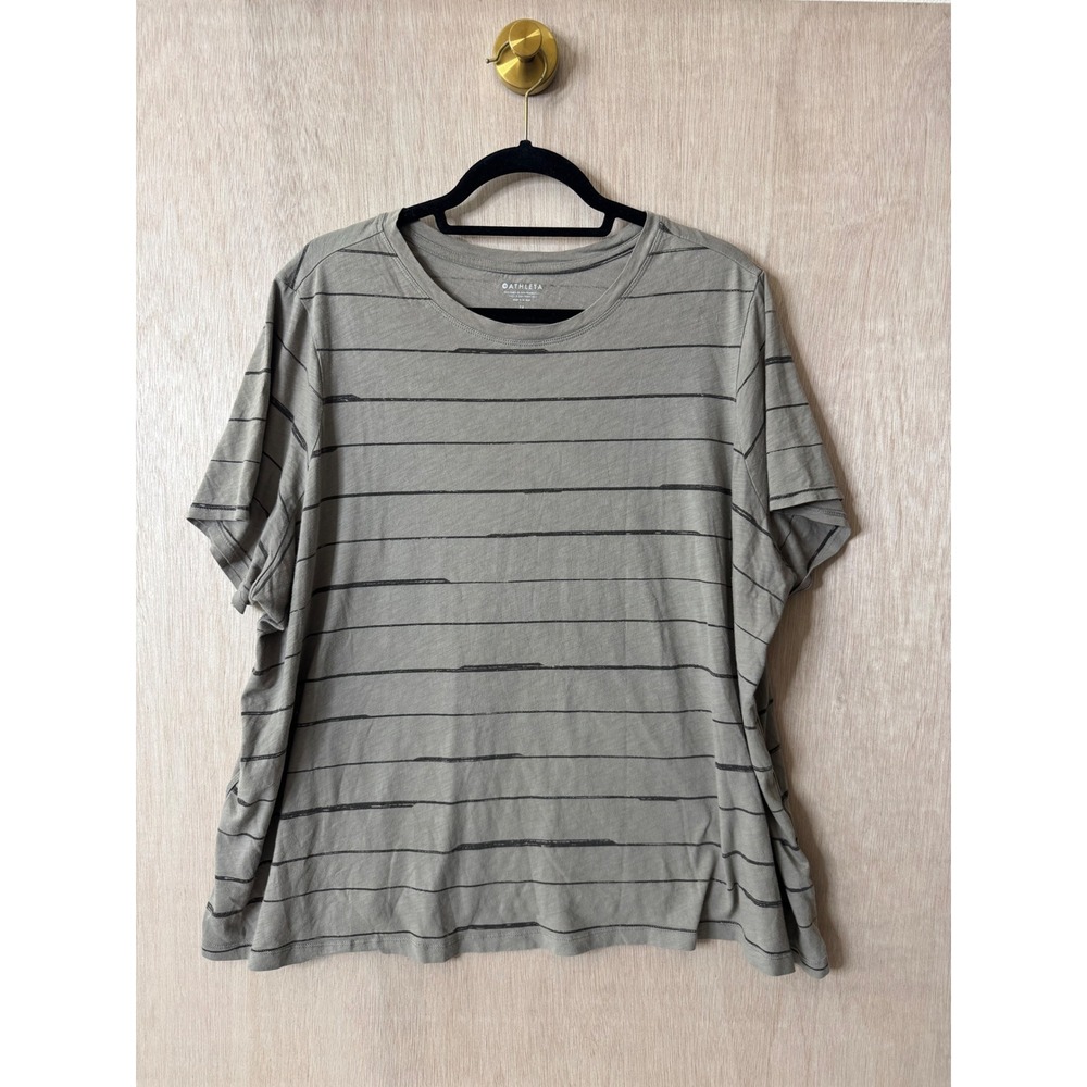 Athleta Unisex Boxy Tee 3X Soft Slub Striped Short Sleeve T-Shirt Olive Grey